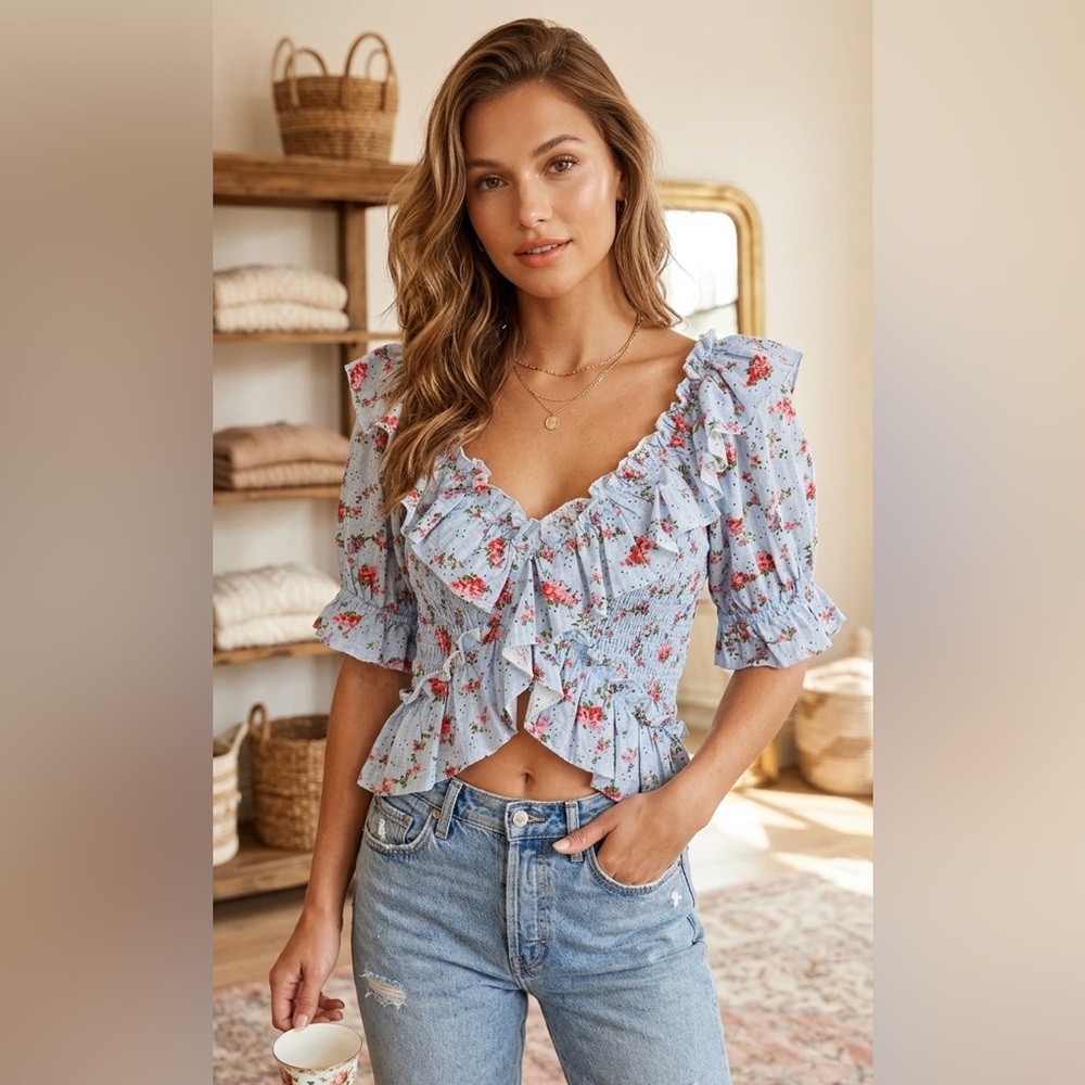 Free People Making Me Smile Floral Mesh Crop Top - Blue Ruffle Flutter Sleeve